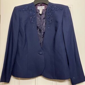 Vintage Karen Miller Women’s Floral Beaded Navy Blue Button Blazer Size 8 -  NEW